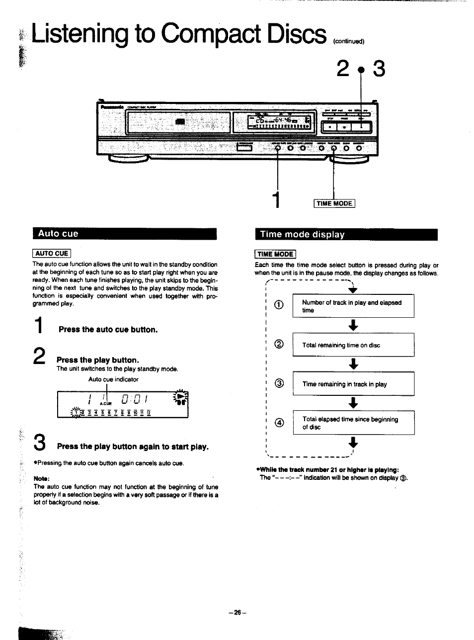 Listening to compact discs, Auto cue, Press the auto cue button | 3 press the play button again to start play | Panasonic SA-HD52 User Manual | Page 26 / 42