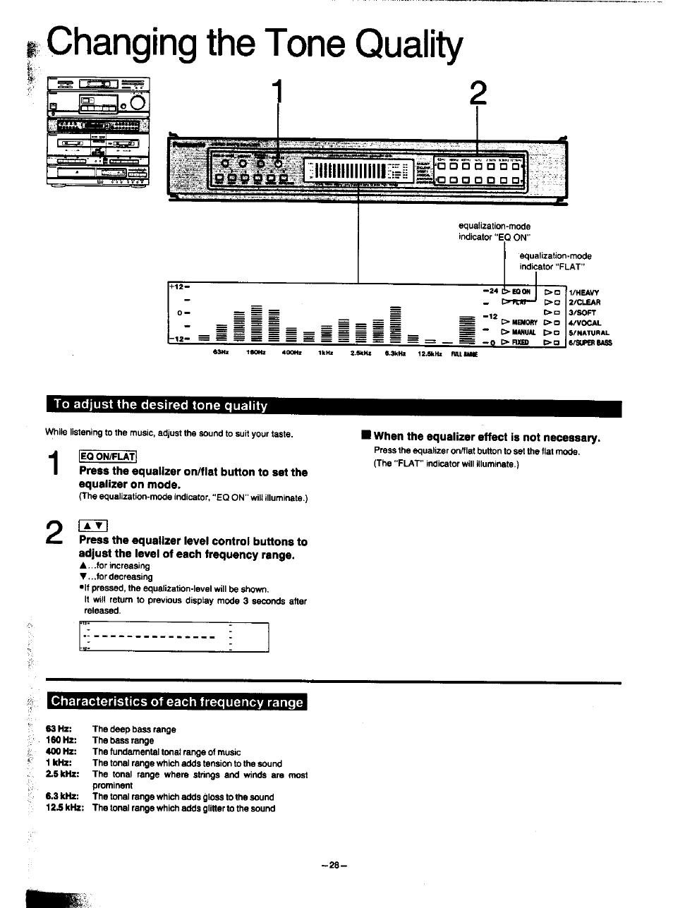 Changing the tone quality, To adjust the desired tone quality, When the equalizer effect is not necessary | Characteristics of each frequency range, Pimi | Panasonic SA-HD52 User Manual | Page 28 / 42