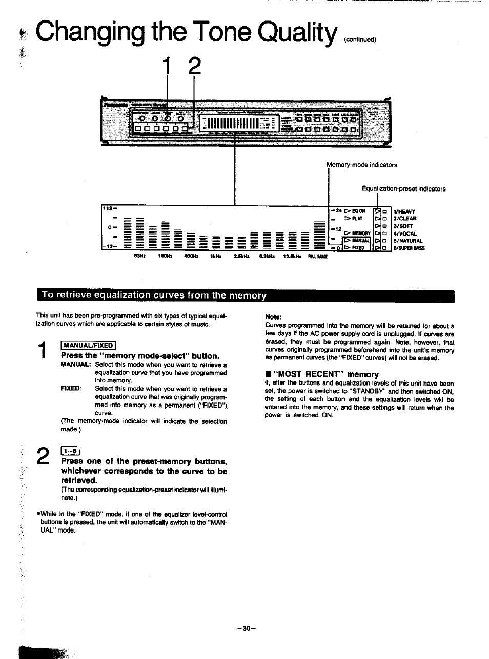 Changing the tone quality, To retrieve equalization curves from the memory, Most recent’ memory | Panasonic SA-HD52 User Manual | Page 30 / 42