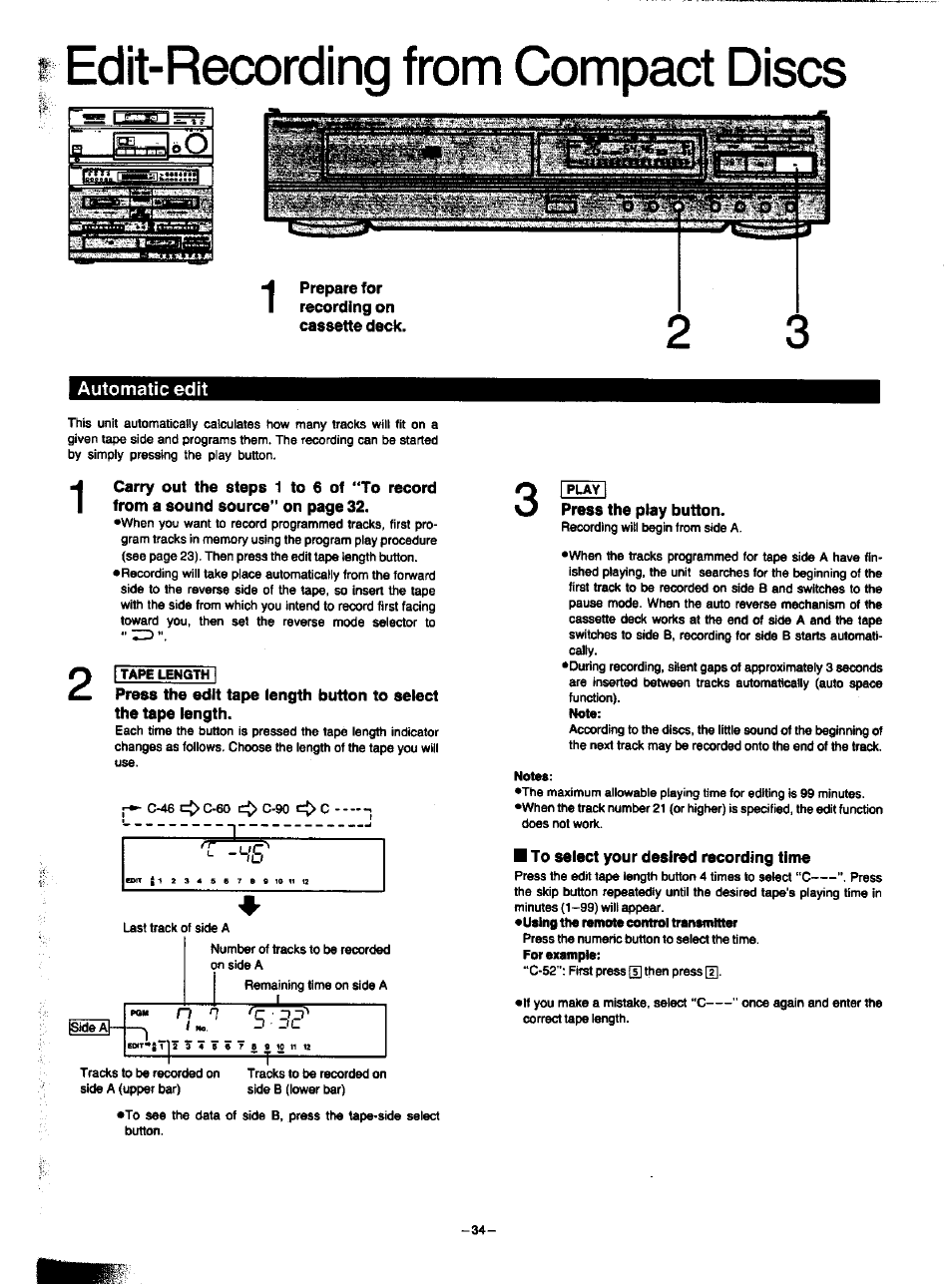 Edit-recording from compact discs, Recording on cassette deck, Vj press the play button | To select your desired recording time, Automatic edit, Rr~ l | Panasonic SA-HD52 User Manual | Page 33 / 42