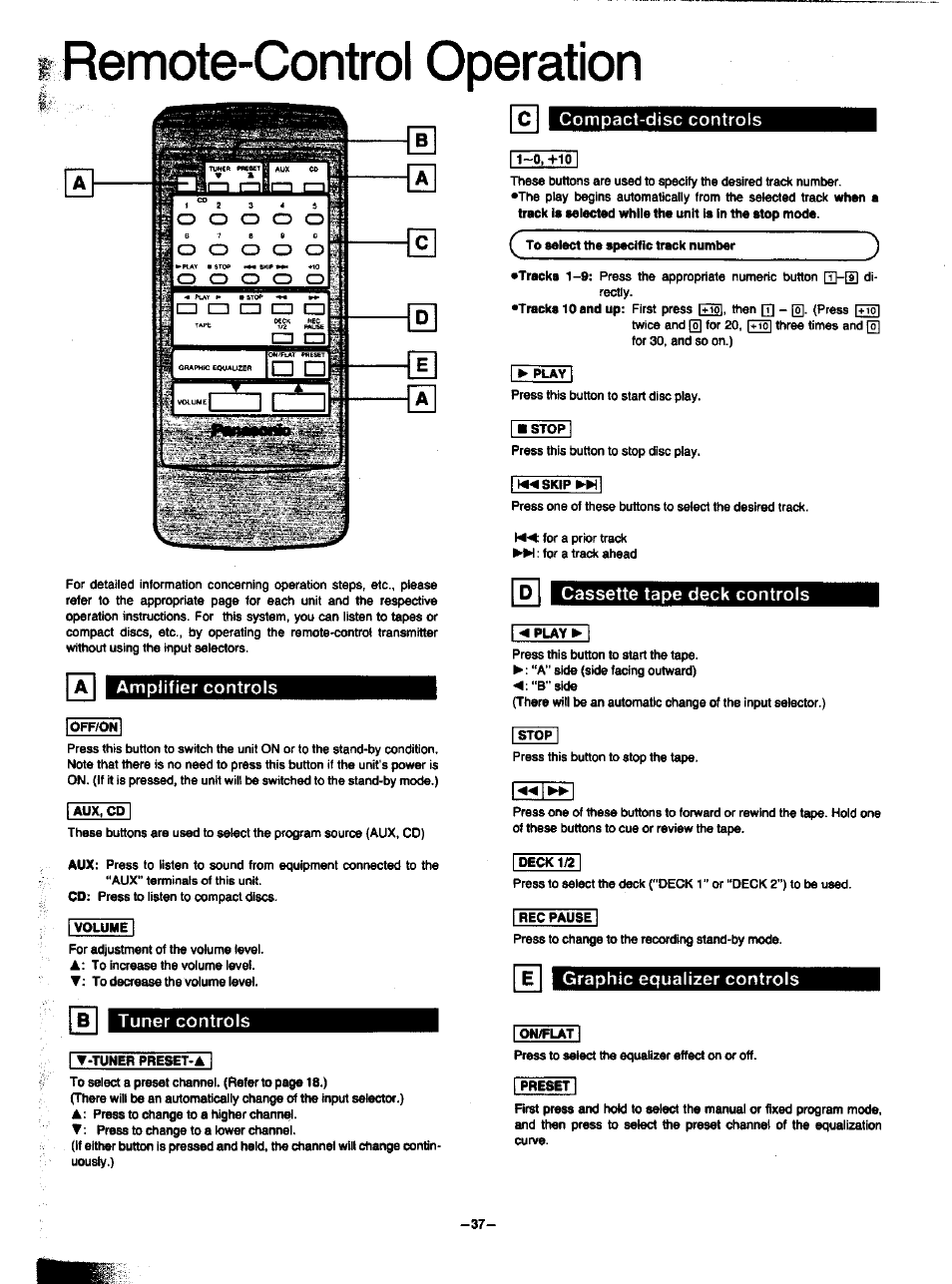 Remote-control operation, Amplifier controls, Tuner controls | Compact-disc controls, Cassette tape deck controls, Graphic equalizer controls, Вtuner controls, No i | Panasonic SA-HD52 User Manual | Page 36 / 42