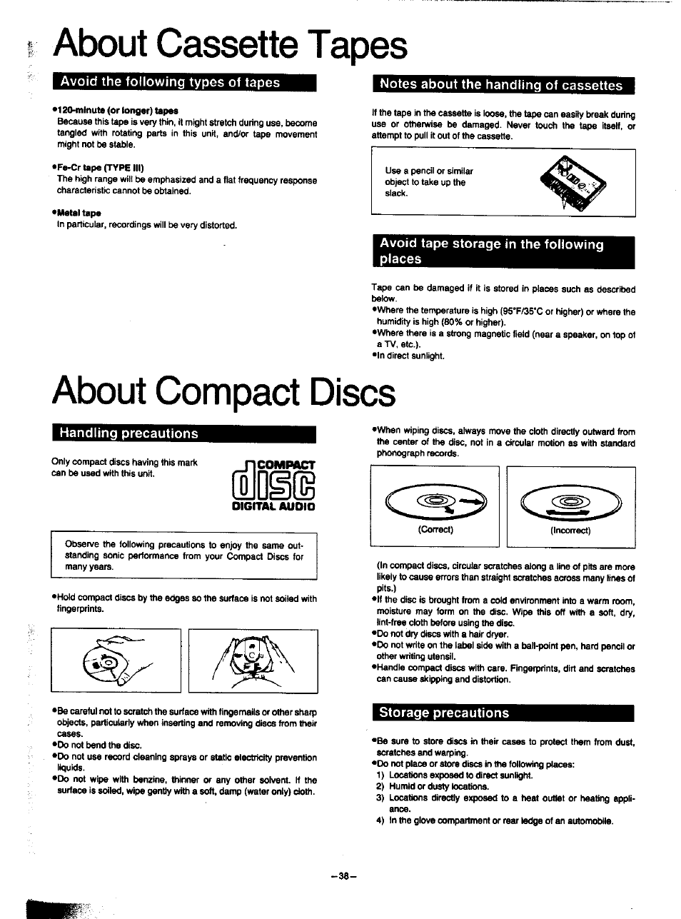 About cassette tapes, Avoid the following types of tapes, Notes about the handling of cassettes | Avoid tape storage in the following places, About compact discs, Handling precautions, Storage precautions, About cassette tapes •about compact discs | Panasonic SA-HD52 User Manual | Page 37 / 42