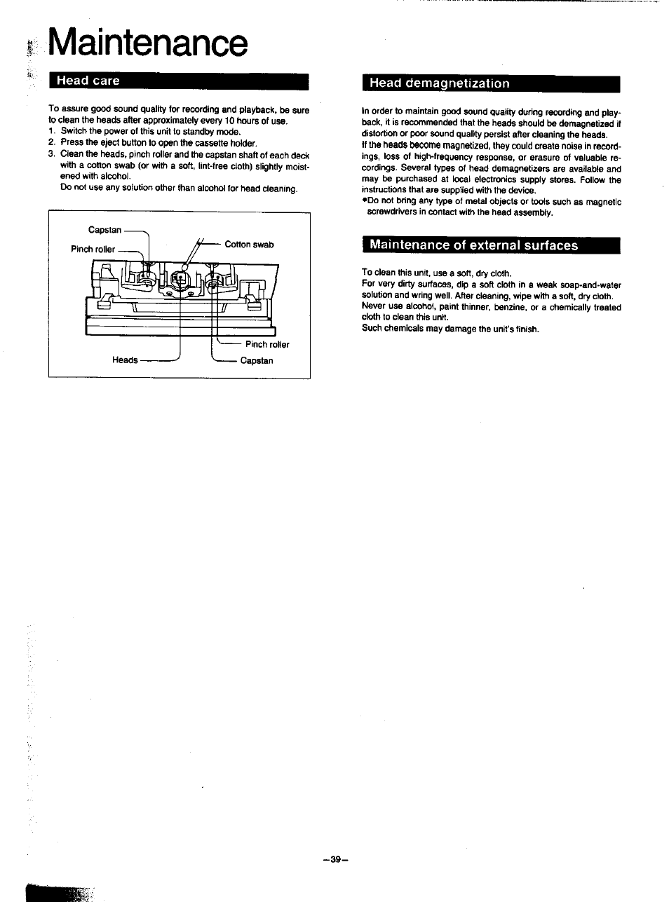 Maintenance, Head demagnetization, Maintenance of external surfaces | Head care head demagnetization | Panasonic SA-HD52 User Manual | Page 38 / 42