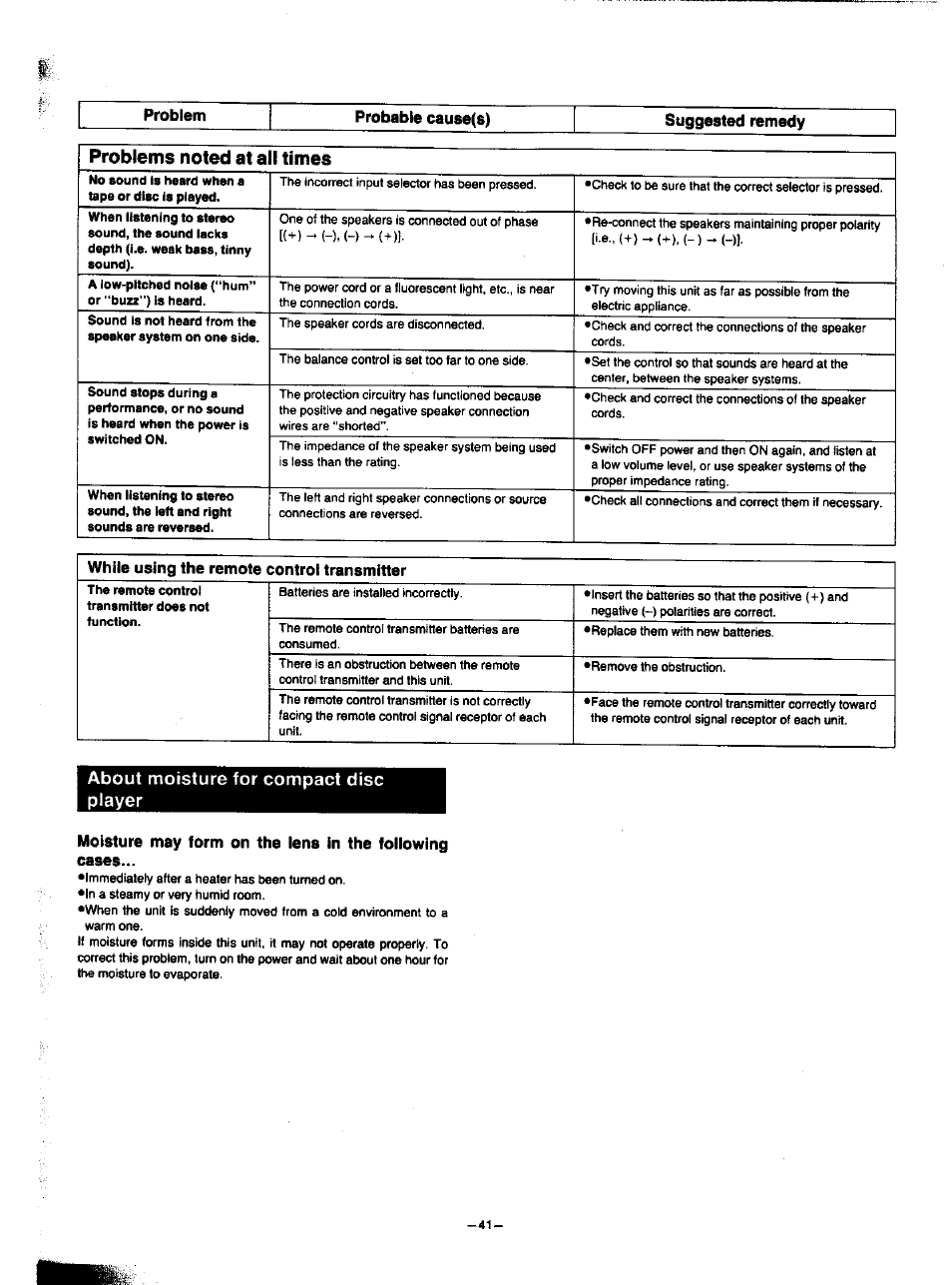 About moisture for compact disc player | Panasonic SA-HD52 User Manual | Page 40 / 42