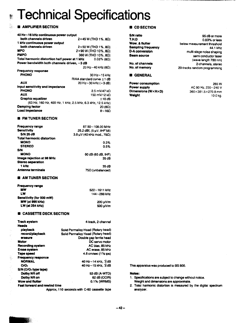 T echnical specifications, Technical specifications | Panasonic SA-HD52 User Manual | Page 41 / 42