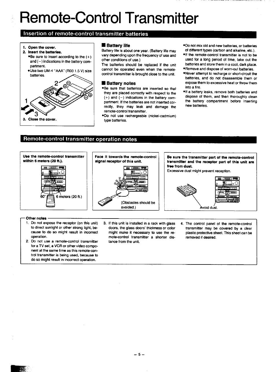 Remote-control transmitter, Insertion of remote-control transmitter batteries, Battery life | Battery notes, Remote-control transmitter operation notes | Panasonic SA-HD52 User Manual | Page 5 / 42