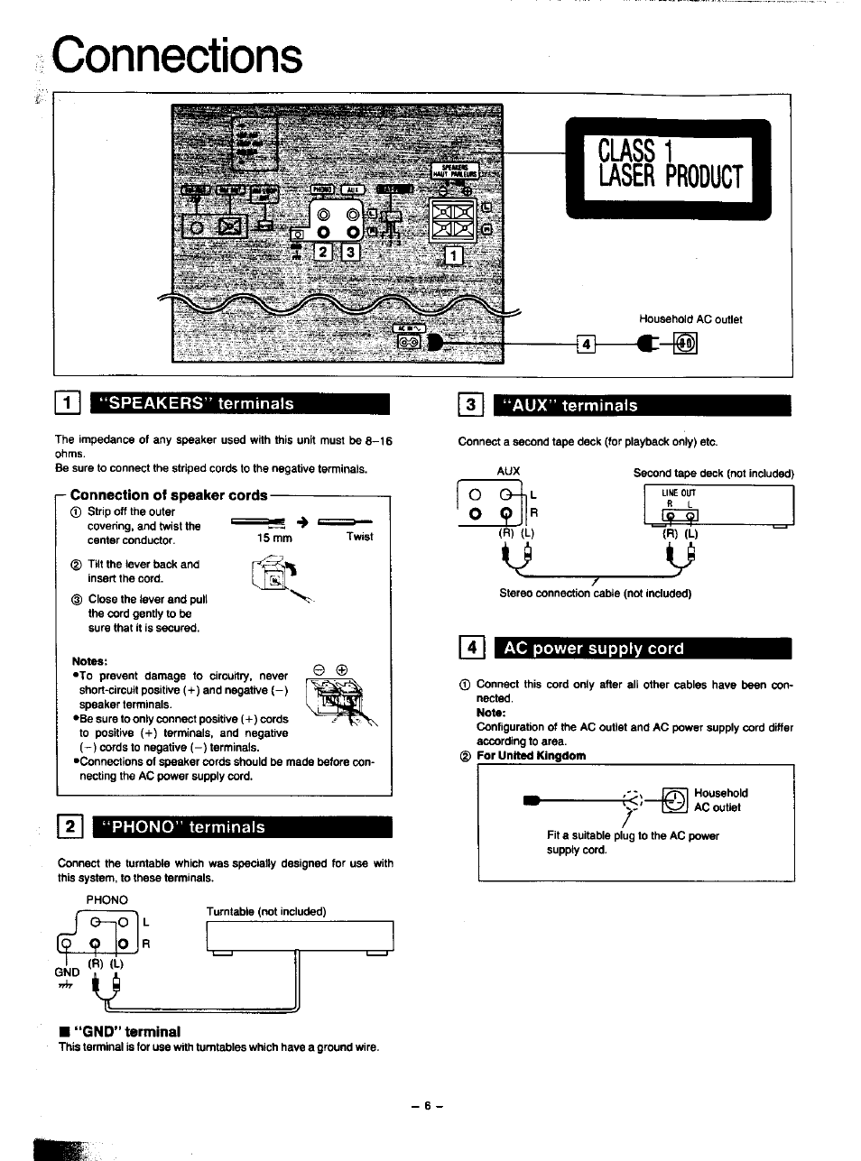 Connections, O oj, Speakers” terminals | Aux” terminals, P connection of speaker cords, Phono” terminals, Gnd" terminal, Ac power supply cord | Panasonic SA-HD52 User Manual | Page 6 / 42