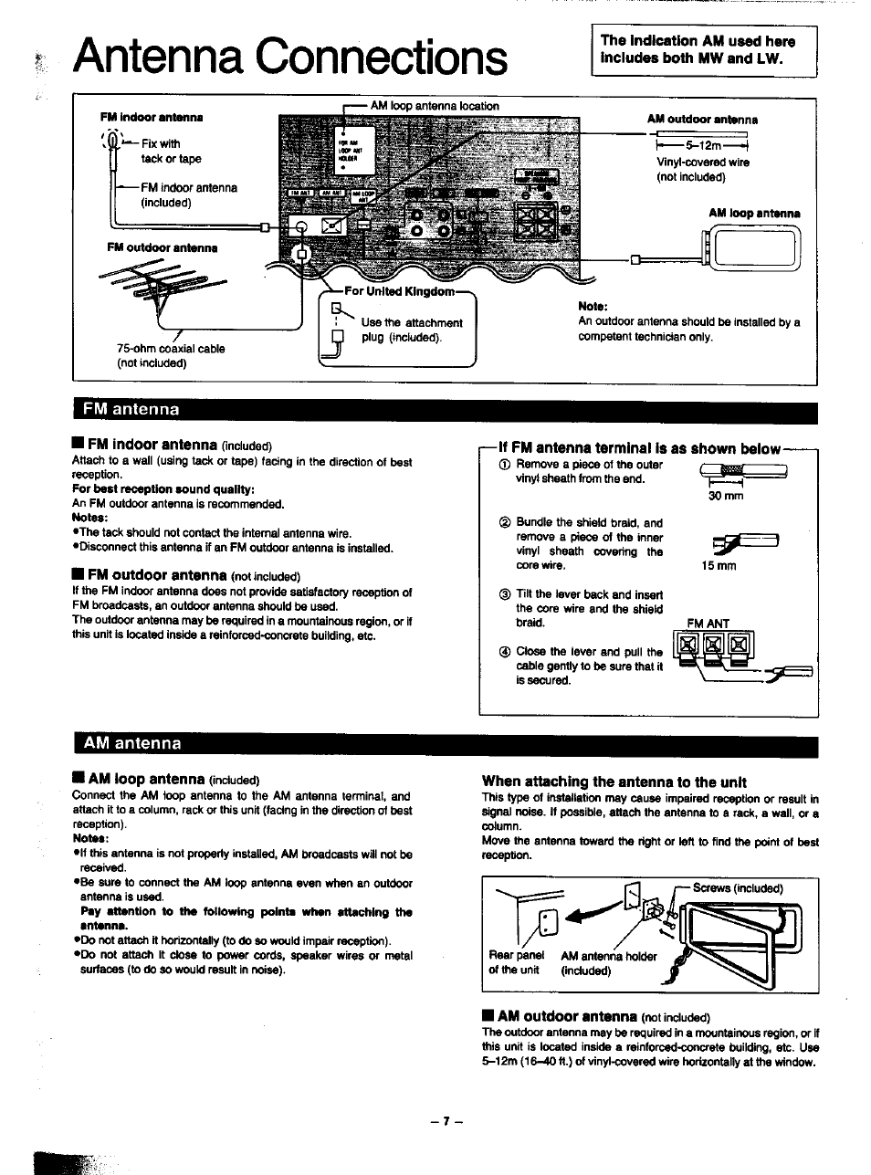 Antenna connections, Fm antenna, Fm indoor antenna (included) | Fm outdoor antenna (not included), If fm antenna terminal is as shown below, Am antenna, Am loop antenna (included), When attaching the antenna to the unit, Am outdoor antenna (not included) | Panasonic SA-HD52 User Manual | Page 7 / 42