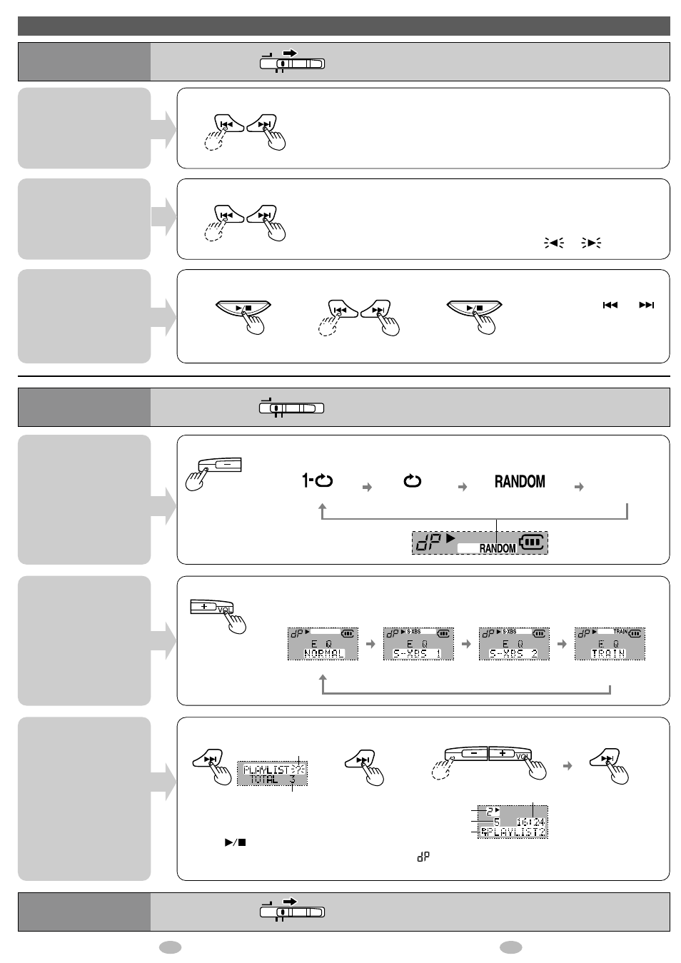 Other operations, Skipping tracks, Search direct play | Using playlists, Preparation, Preparation after changing the mode, No display, Set the mode switch to normal | Panasonic SV-SD85 User Manual | Page 4 / 8