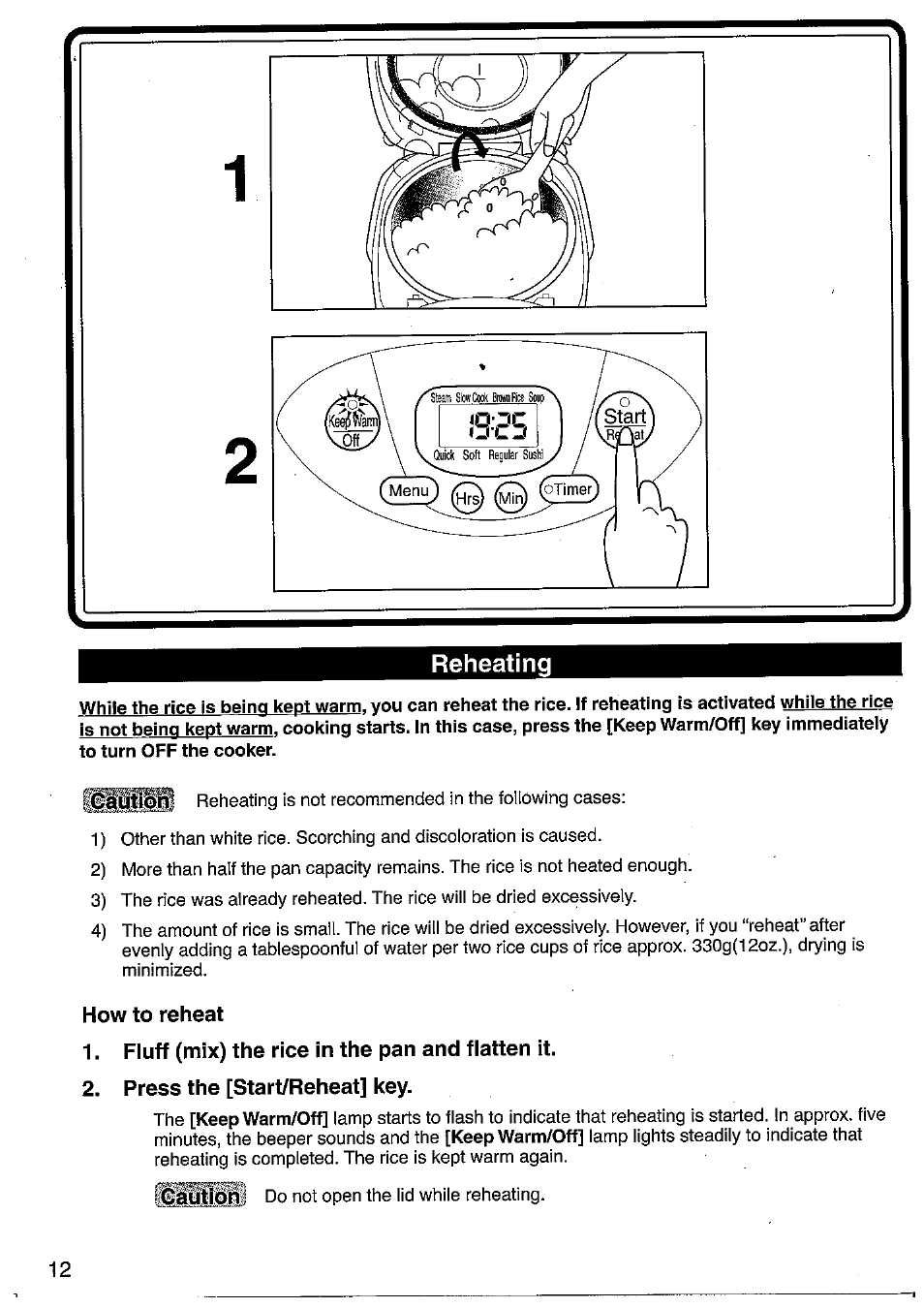 Reheating, How to reheat, Fluff (mix) the rice in the pan and flatten it | Press the [start/reheat] key | Panasonic SRMM10NS User Manual | Page 12 / 24