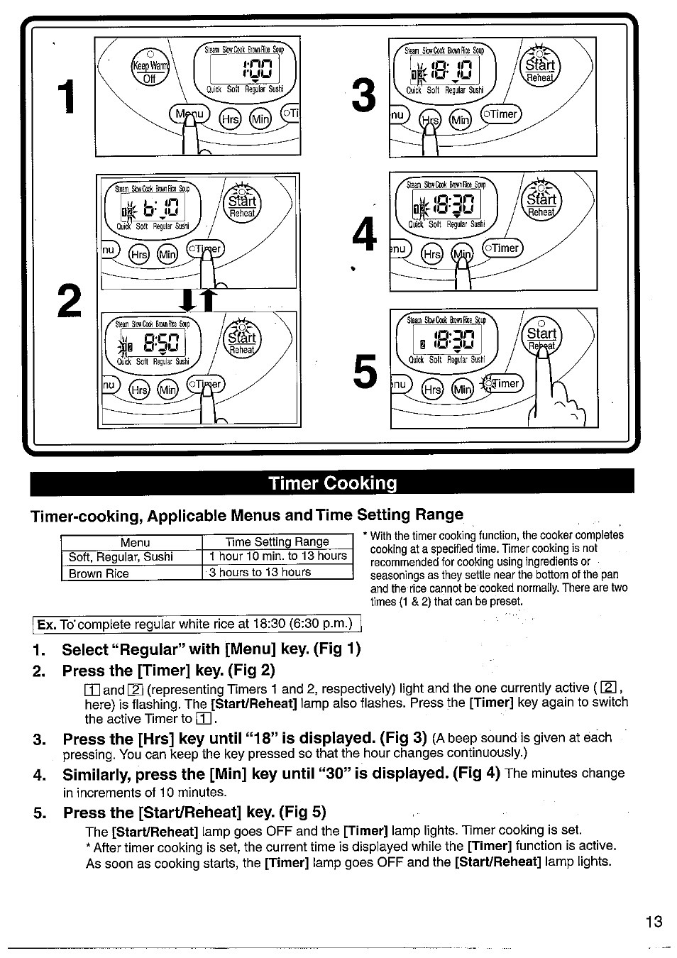 Timer cooking, Select “regular” with [menu] key. (fig 1), Press the [timer] key. (fig 2) | Press the [start/reheat] key. (fig 5) | Panasonic SRMM10NS User Manual | Page 13 / 24