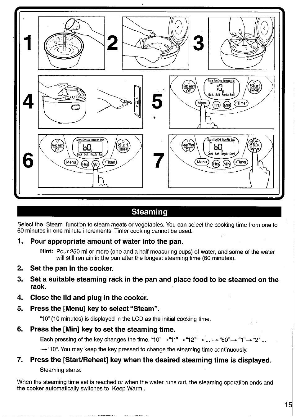 Pour appropriate amount of water into the pan, Set the pan in the cooker, Close the lid and plug in the cooker | Press the [menu] key to select “steam, Press the [min] key to set the steaming time, Steaming | Panasonic SRMM10NS User Manual | Page 15 / 24