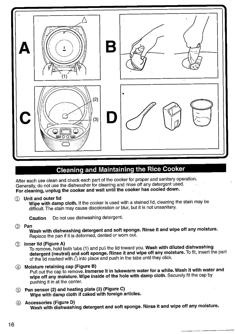 Cleaning and maintaining the rice cooker | Panasonic SRMM10NS User Manual | Page 16 / 24