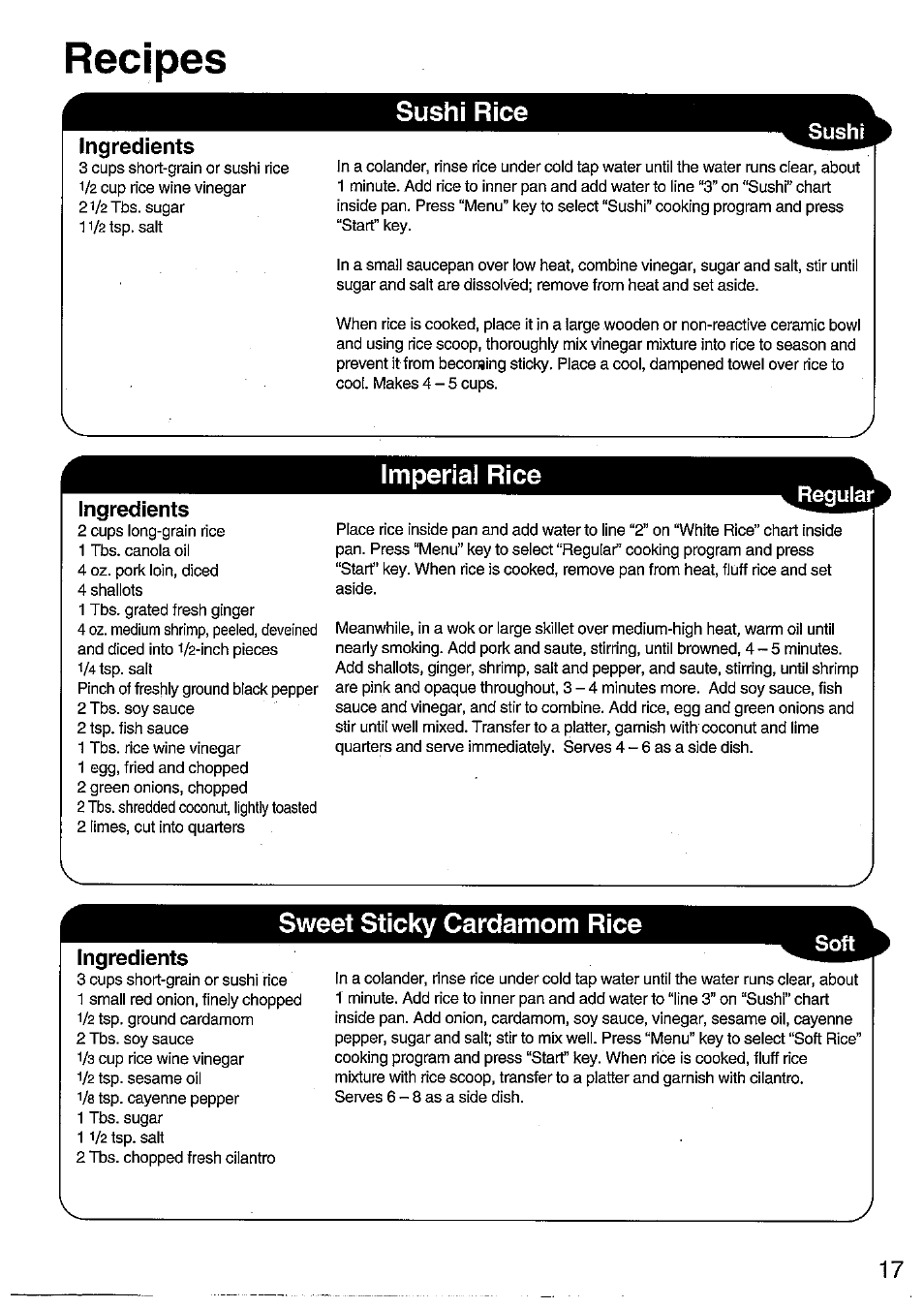 Recipes, Ingredients, Sushi | Regular, Sushi rice, Imperial rice, Sweet sticky cardamom rice | Panasonic SRMM10NS User Manual | Page 17 / 24