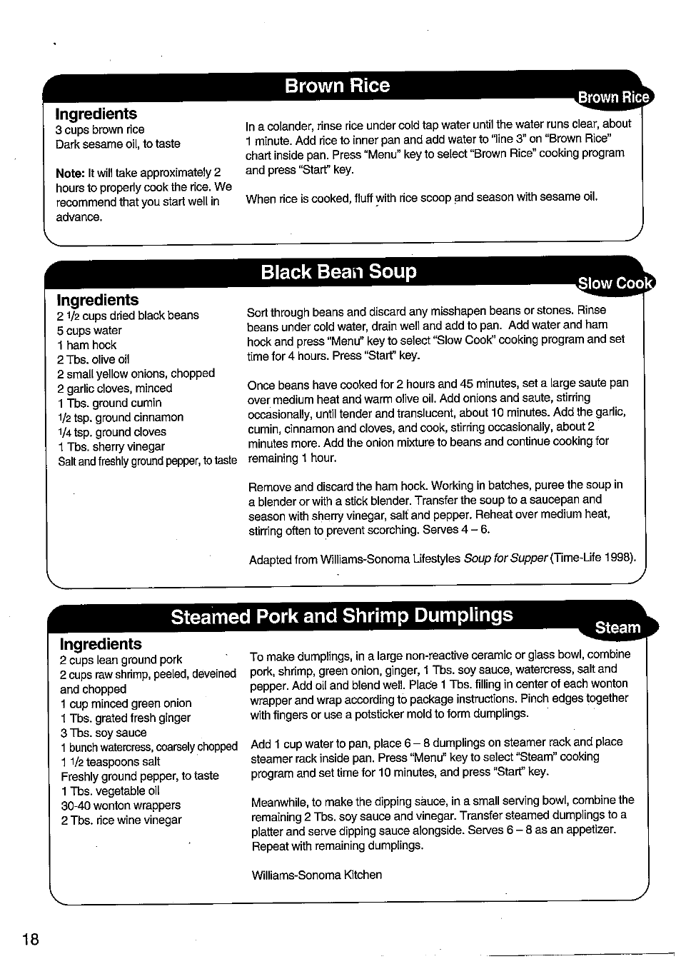 Brown rice, Black bean soup, Steam | Steamed pork and shrimp dumplings, Ingredients, Slow coo | Panasonic SRMM10NS User Manual | Page 18 / 24