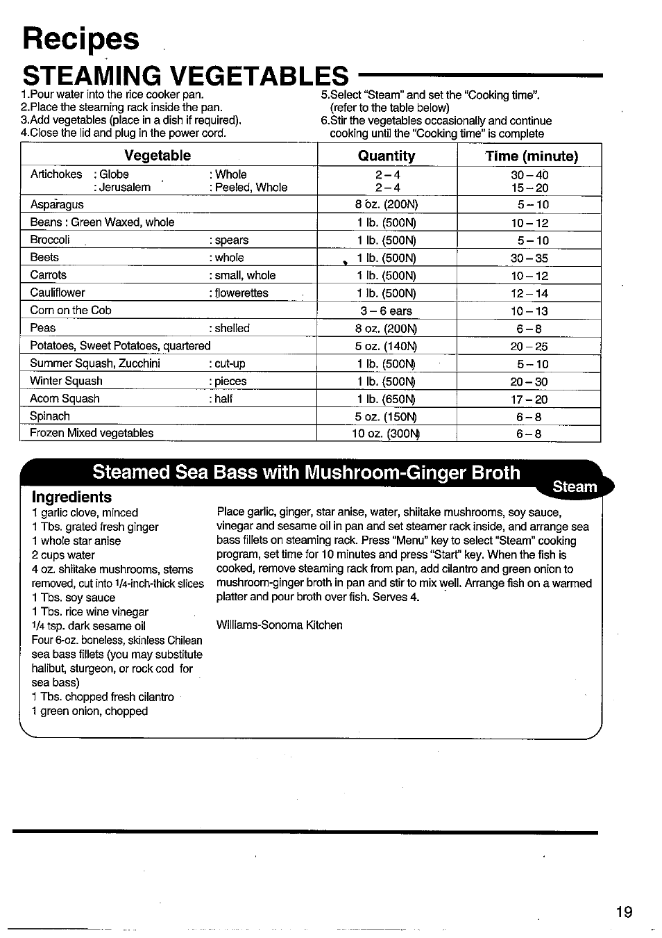 Recipes, Steam, Steaming vegetables | Steamed sea bass with mushroom-ginger broth, Ingredients | Panasonic SRMM10NS User Manual | Page 19 / 24