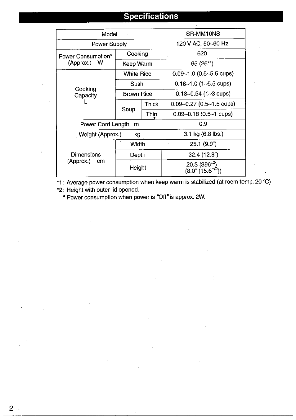 Specifications | Panasonic SRMM10NS User Manual | Page 2 / 24