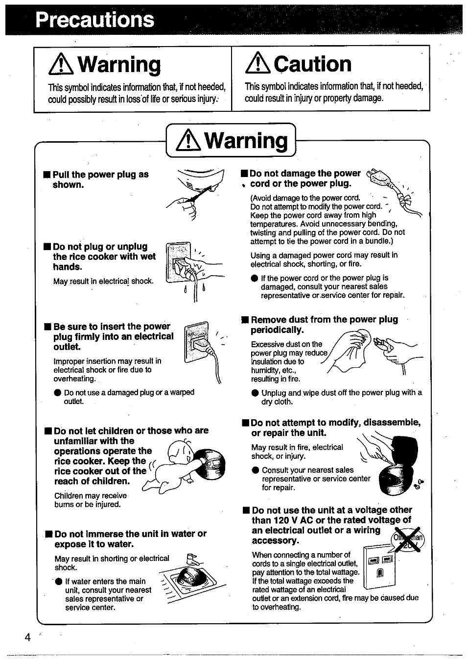 Precautions, A warning, A caution | Warning | Panasonic SRMM10NS User Manual | Page 4 / 24