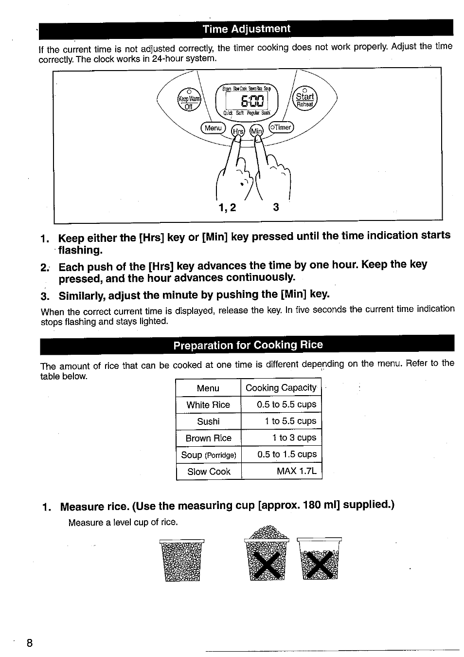 Time adjustment, Preparation for cooking rice | Panasonic SRMM10NS User Manual | Page 8 / 24