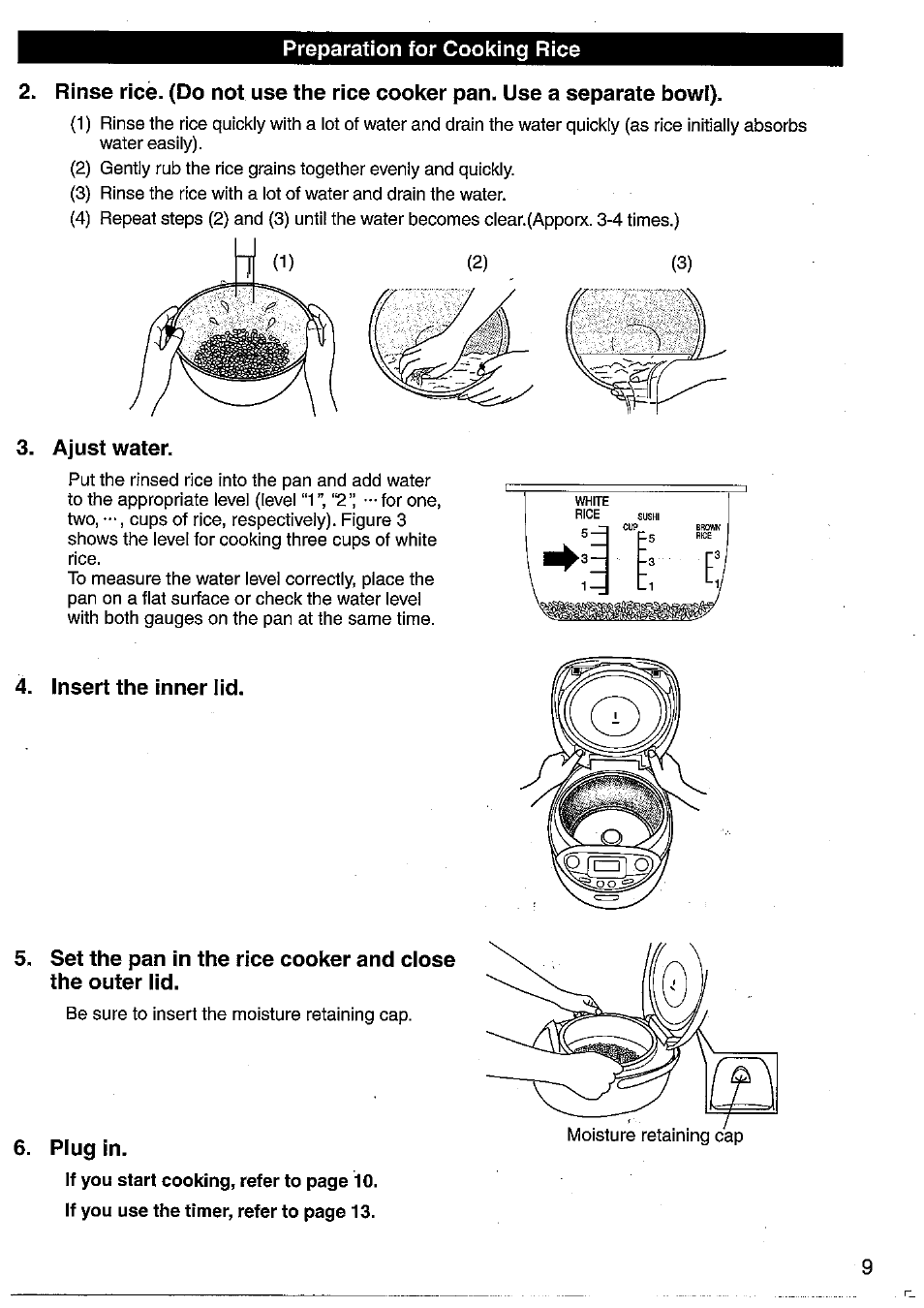 Preparation for cooking rice, Ajust water, Insert the inner lid | G in | Panasonic SRMM10NS User Manual | Page 9 / 24