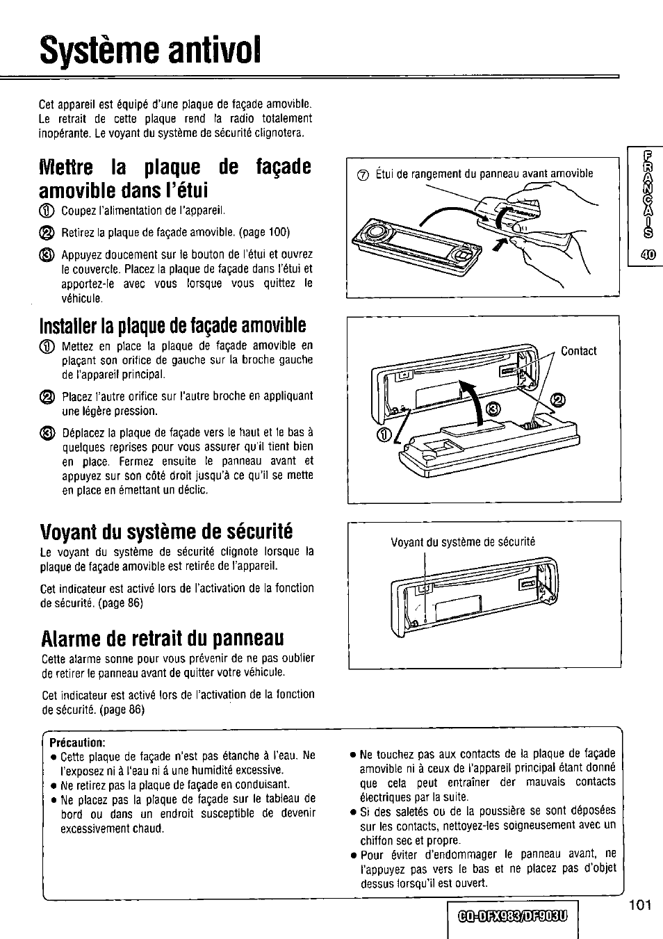 Système antivol, Mettre la plaque de façade amovible dans l’étui, Installer la plaque de façade amovible | Voyant du système de sécurité, Alarme de retrait du panneau, Précaution, Gqldbx983ydfâ03u, O système antivol | Panasonic Removable Full Front CD Player/Receiver with Dot Matrix and CD Changer Control CQ-DFX983U User Manual | Page 101 / 156
