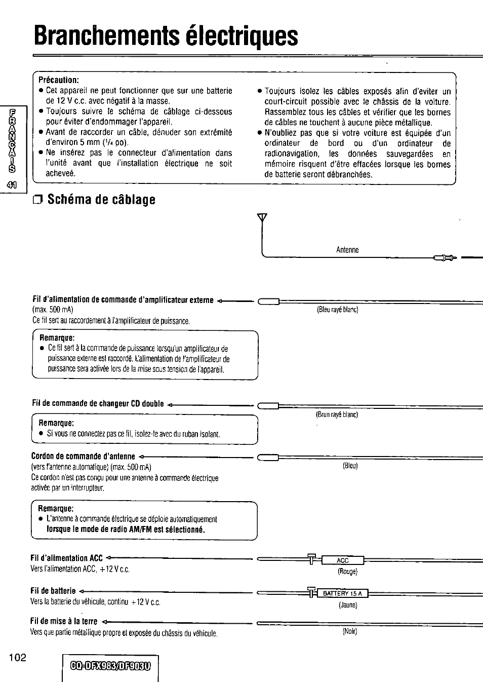 Branchements électriques, Schéma de câblage | Panasonic Removable Full Front CD Player/Receiver with Dot Matrix and CD Changer Control CQ-DFX983U User Manual | Page 102 / 156