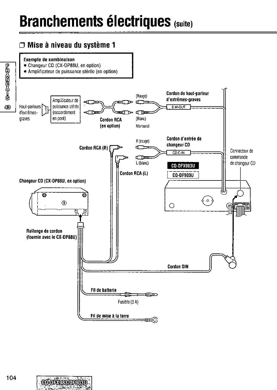 Branchements électriques | Panasonic Removable Full Front CD Player/Receiver with Dot Matrix and CD Changer Control CQ-DFX983U User Manual | Page 104 / 156