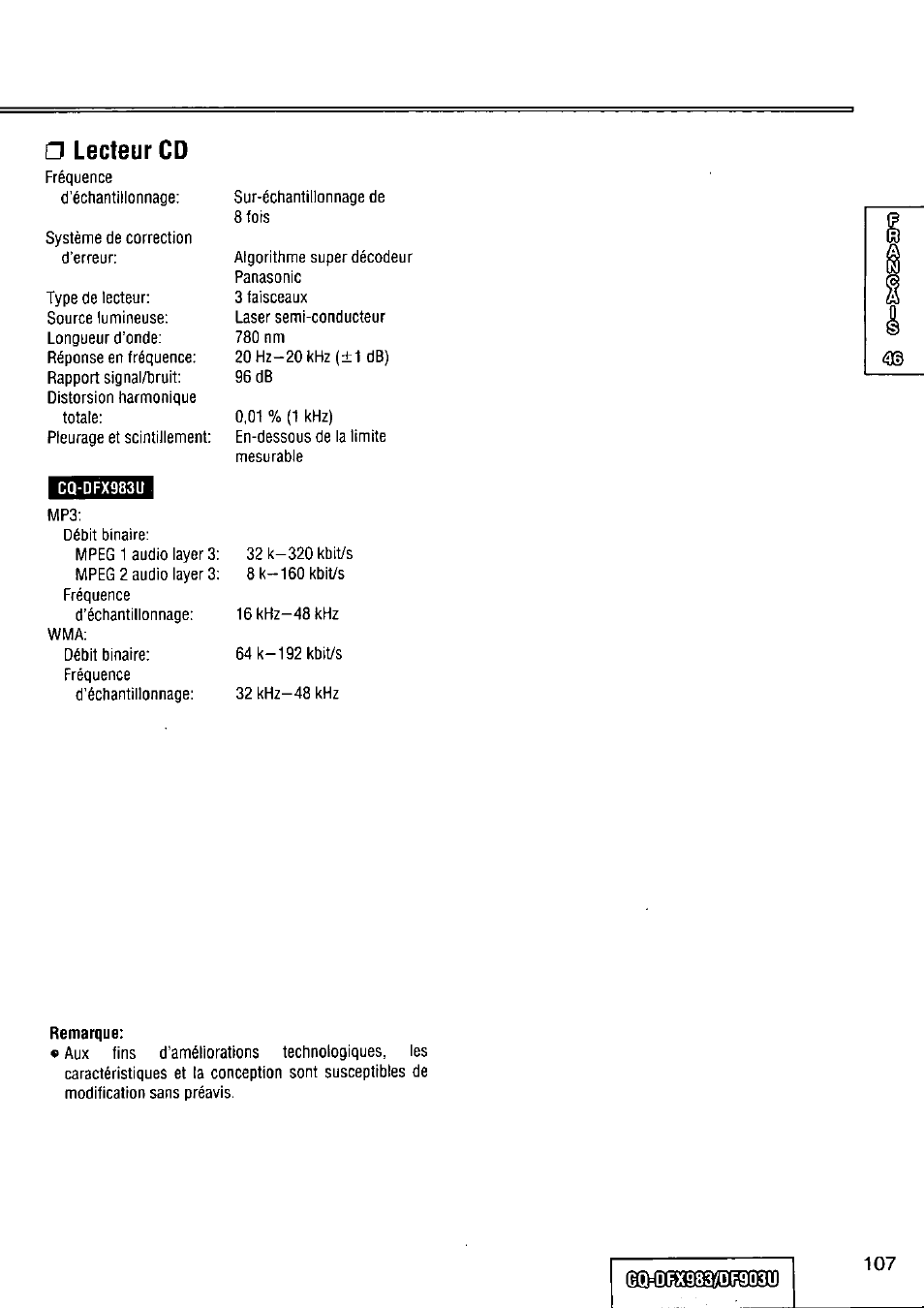 Lecteur cd, Remarque | Panasonic Removable Full Front CD Player/Receiver with Dot Matrix and CD Changer Control CQ-DFX983U User Manual | Page 107 / 156