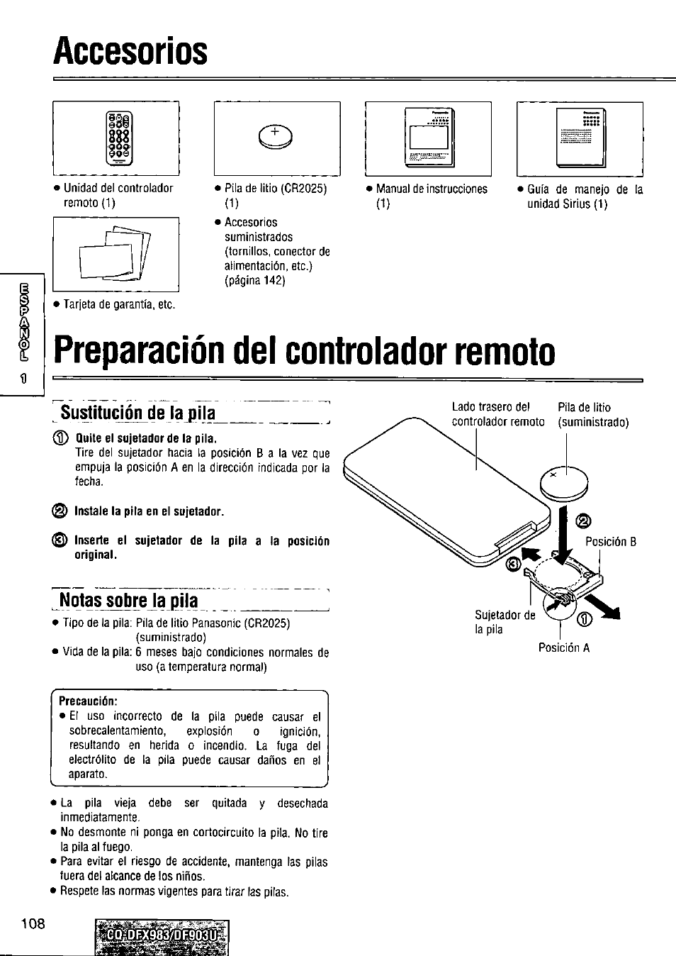 Accesorios, Preparación dei controiador remoto, Sustitución de la piia | Notas sobre la pila, Isi 181, Í7 i | Panasonic Removable Full Front CD Player/Receiver with Dot Matrix and CD Changer Control CQ-DFX983U User Manual | Page 108 / 156