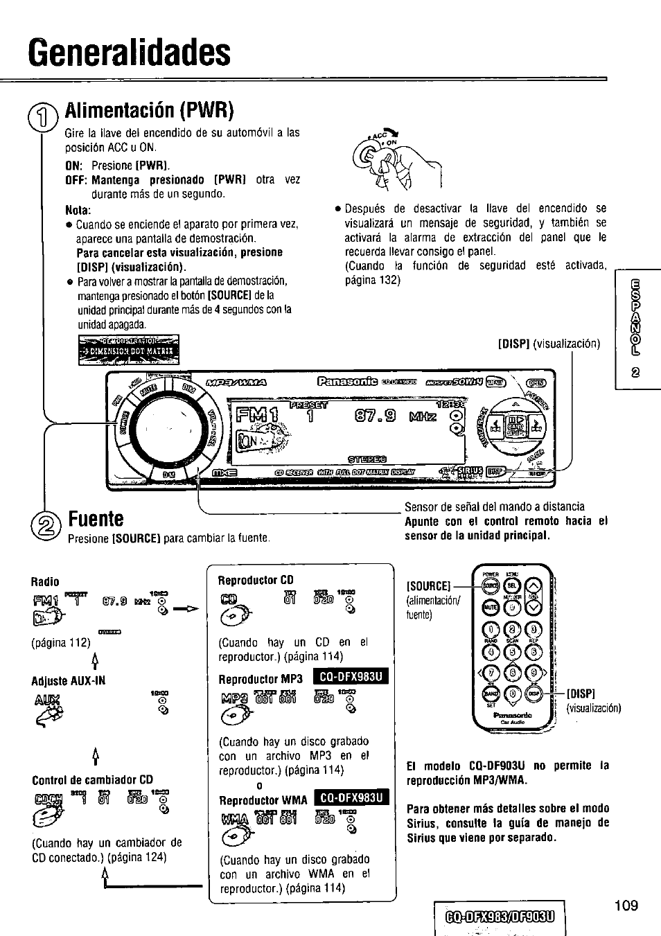 Generalidades, Alimentación (pwr) | Panasonic Removable Full Front CD Player/Receiver with Dot Matrix and CD Changer Control CQ-DFX983U User Manual | Page 109 / 156