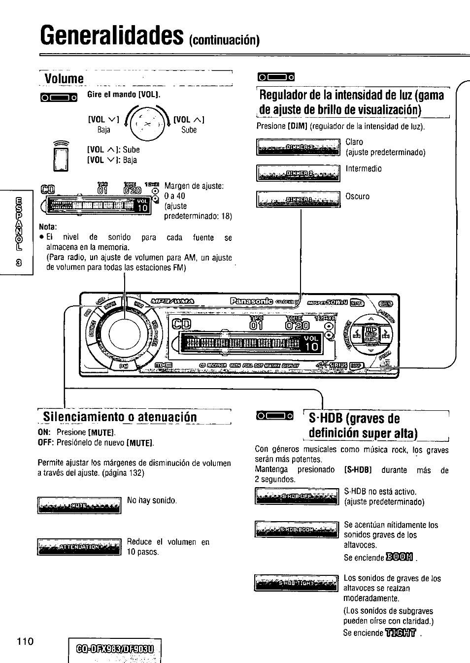 Voiume, S-hdb (graves de definición super alta), Generalidades | Silenciamiento o atenuación, Iiittímlií | Panasonic Removable Full Front CD Player/Receiver with Dot Matrix and CD Changer Control CQ-DFX983U User Manual | Page 110 / 156