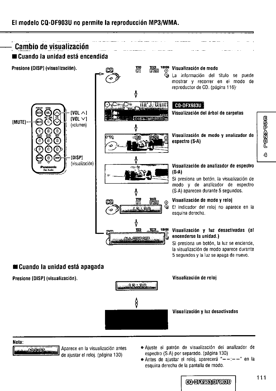 Cambio de vlsualización | Panasonic Removable Full Front CD Player/Receiver with Dot Matrix and CD Changer Control CQ-DFX983U User Manual | Page 111 / 156