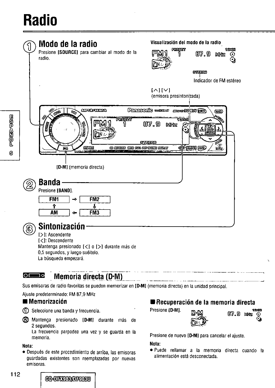 Radio, Memoria directa (d-m), O radio | Panasonic Removable Full Front CD Player/Receiver with Dot Matrix and CD Changer Control CQ-DFX983U User Manual | Page 112 / 156