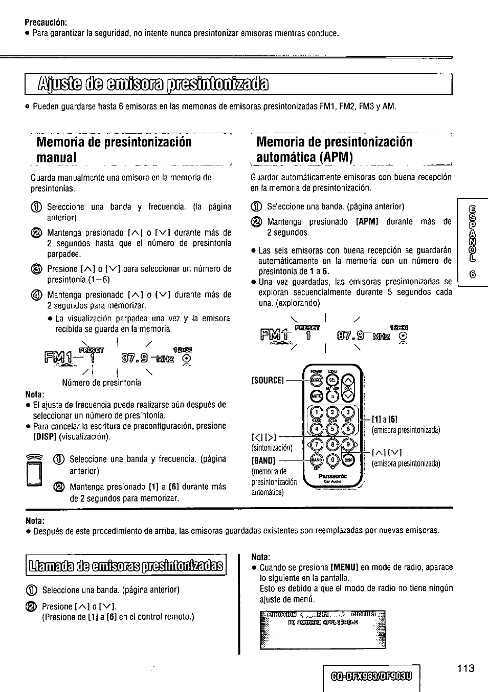 Етшгга, Memoria de presintonización manual, Memoria de presintonización jutomátic^(apm) | Panasonic Removable Full Front CD Player/Receiver with Dot Matrix and CD Changer Control CQ-DFX983U User Manual | Page 113 / 156