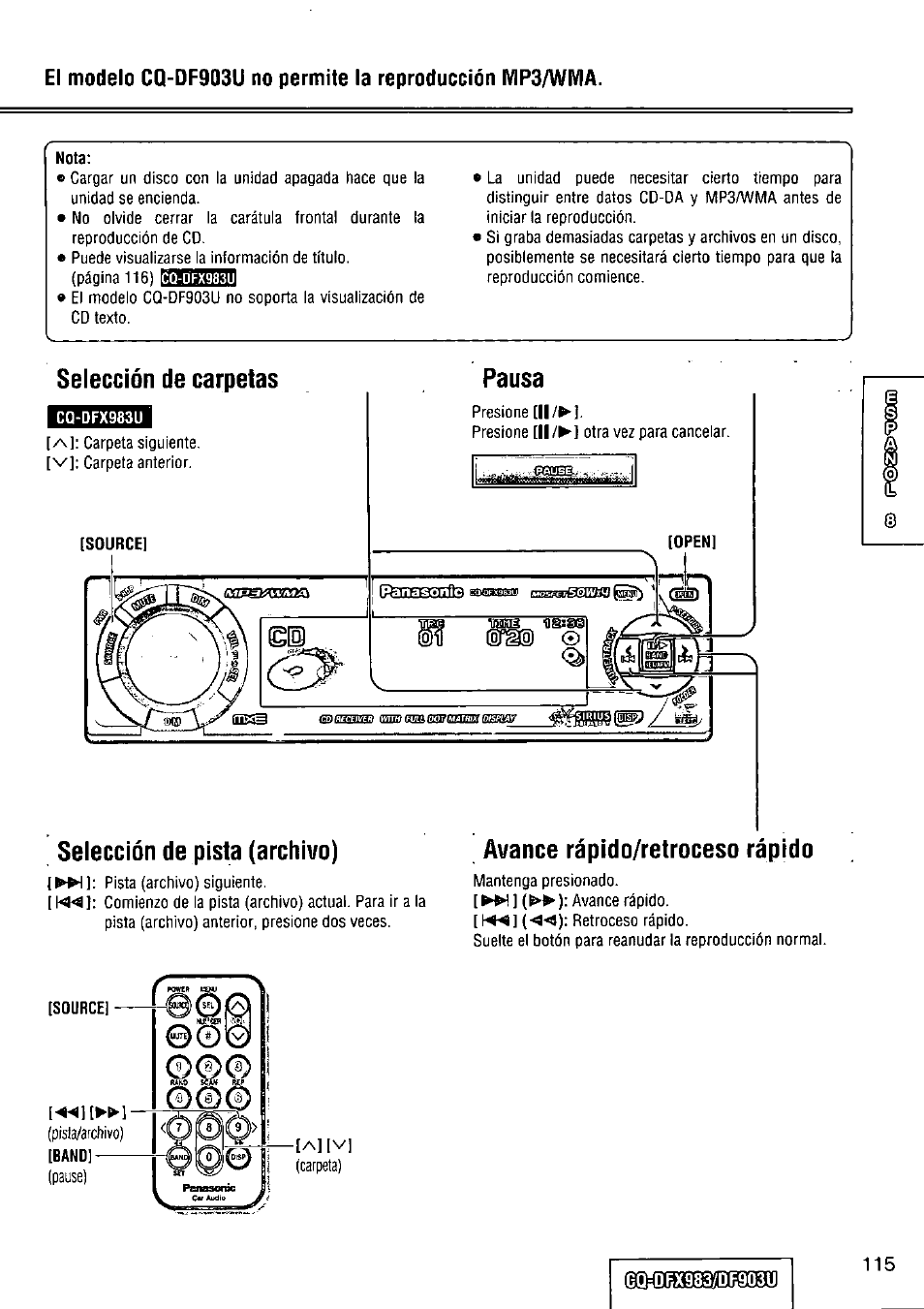 Selección de carpetas, Selección de pista (archivo), Avance rápido/retroceso rápido | Pausa | Panasonic Removable Full Front CD Player/Receiver with Dot Matrix and CD Changer Control CQ-DFX983U User Manual | Page 115 / 156