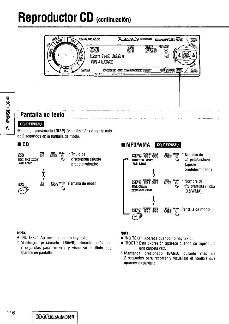 Pantaila de texto, Reproductor cd, Continuación) | Panasonic Removable Full Front CD Player/Receiver with Dot Matrix and CD Changer Control CQ-DFX983U User Manual | Page 116 / 156