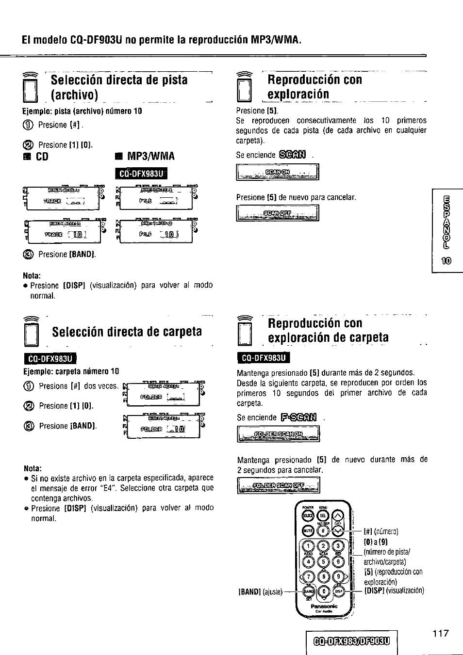 Selección directa de pista (archivo), R reproducción con, Selección directa de carpeta | R reproducción con y expioración de carpeta | Panasonic Removable Full Front CD Player/Receiver with Dot Matrix and CD Changer Control CQ-DFX983U User Manual | Page 117 / 156