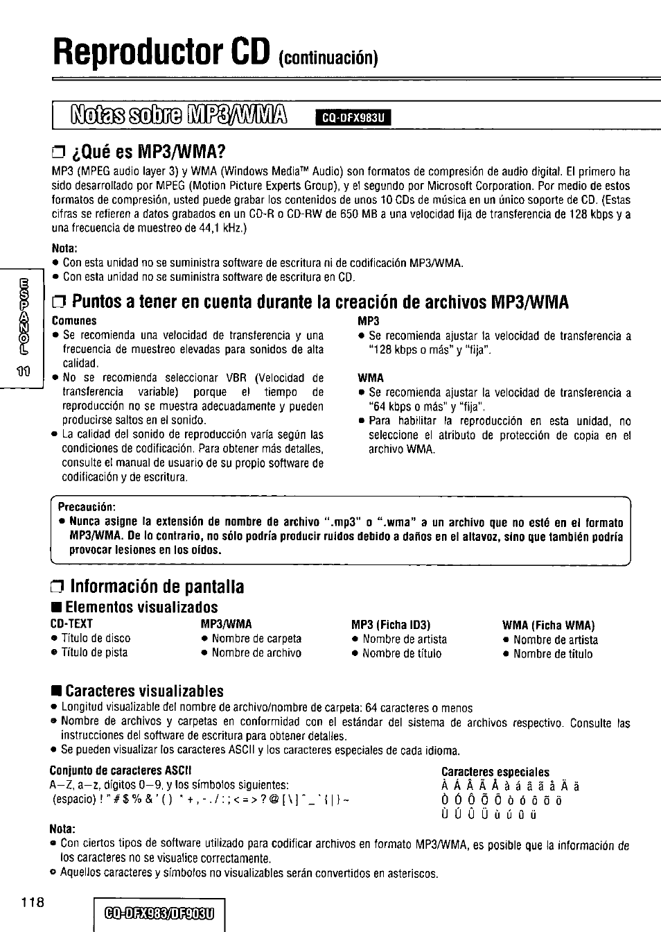 Qué es mp3/wma, Información de pantalla, Reproductor cd | В@(!й0, Continuación) | Panasonic Removable Full Front CD Player/Receiver with Dot Matrix and CD Changer Control CQ-DFX983U User Manual | Page 118 / 156
