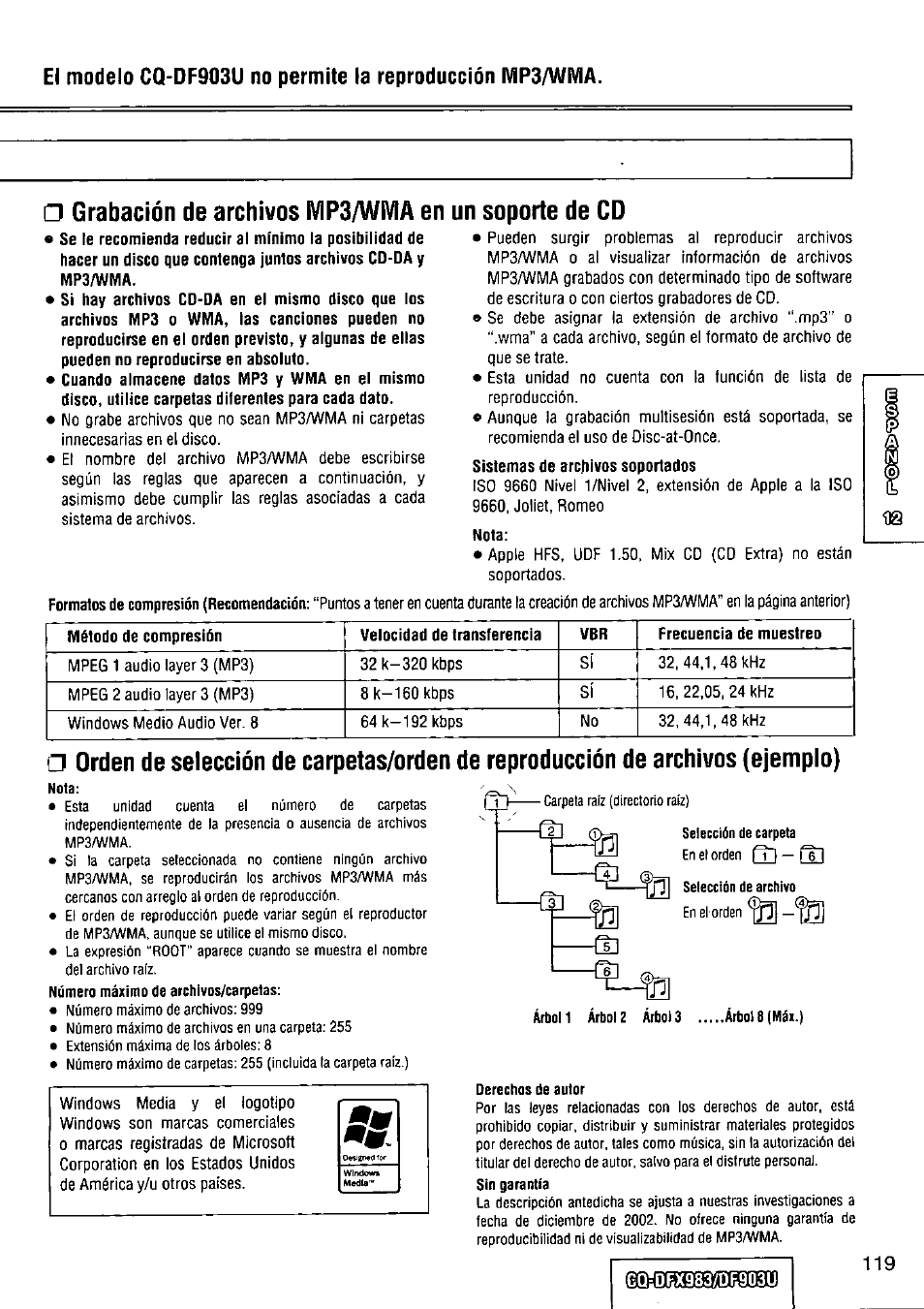 Un soporte de cd, Grabación de archivos mp3/wma en | Panasonic Removable Full Front CD Player/Receiver with Dot Matrix and CD Changer Control CQ-DFX983U User Manual | Page 119 / 156