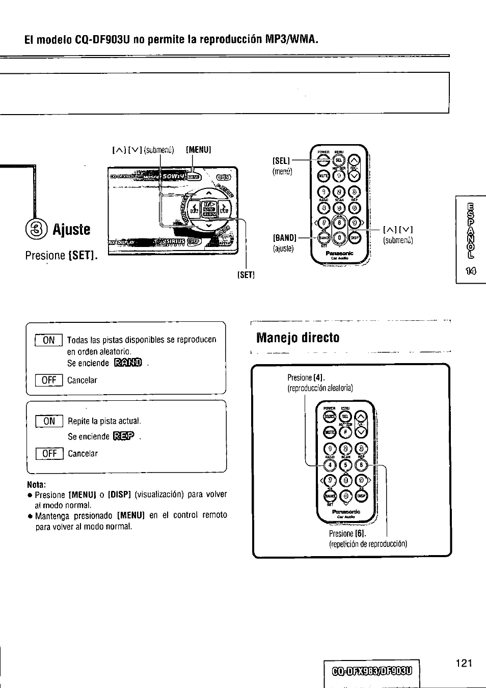 Ajuste, Manejo directo | Panasonic Removable Full Front CD Player/Receiver with Dot Matrix and CD Changer Control CQ-DFX983U User Manual | Page 121 / 156