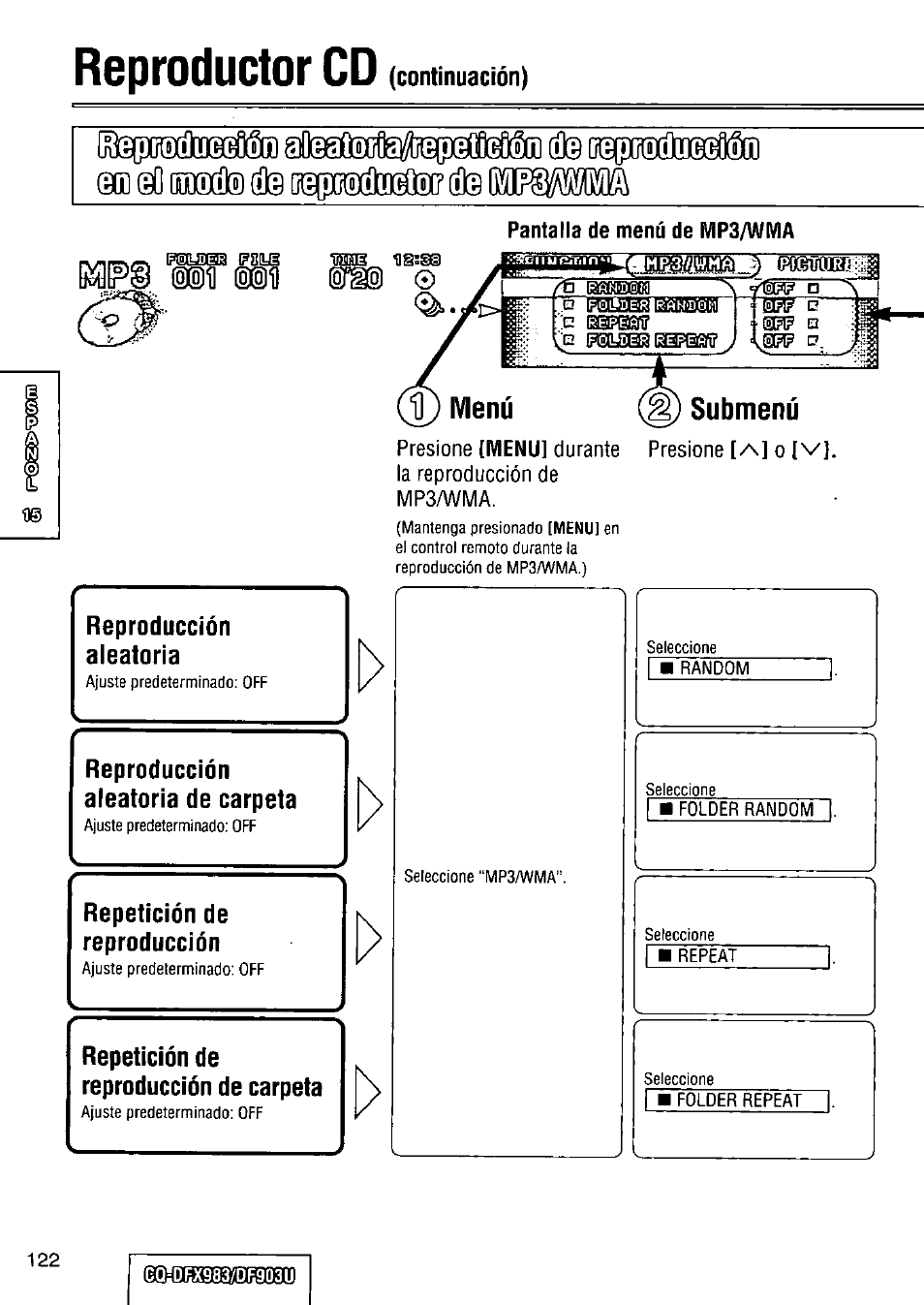 Lüaiirinrttitt (- asswaa ^ pceodama, Submenú, Reproductor cd | 3b @0 dimí]® (íl® 0@(íl(k, Ti ) menú submenú, Lüaiirinrttitt, Asswaa ^ pceodama | Panasonic Removable Full Front CD Player/Receiver with Dot Matrix and CD Changer Control CQ-DFX983U User Manual | Page 122 / 156