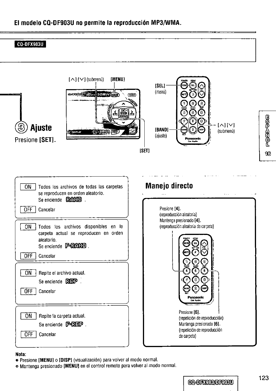 Ajuste, Manejo directo | Panasonic Removable Full Front CD Player/Receiver with Dot Matrix and CD Changer Control CQ-DFX983U User Manual | Page 123 / 156