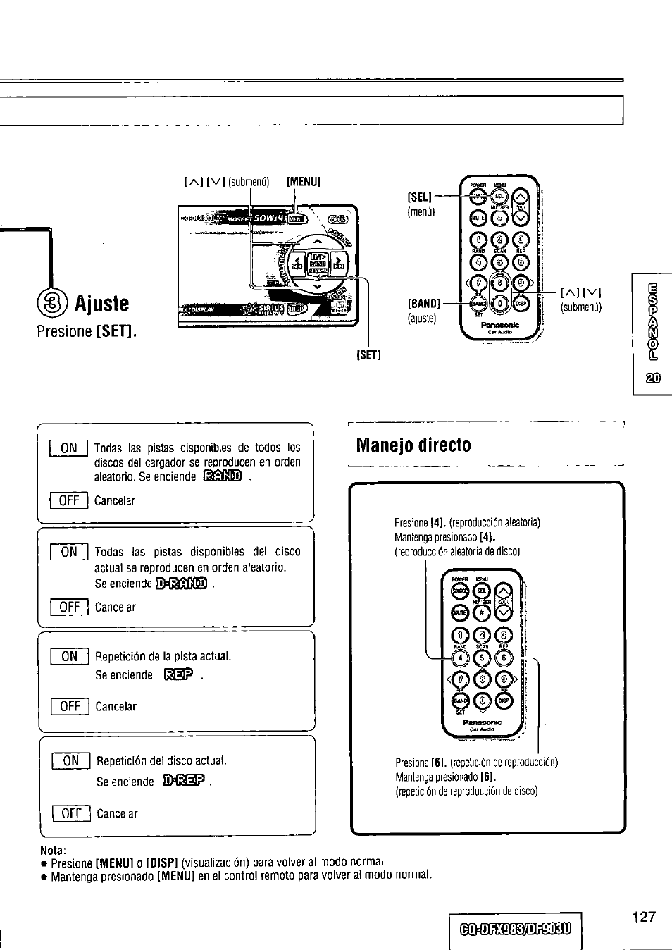 Ajuste, Manejo directo | Panasonic Removable Full Front CD Player/Receiver with Dot Matrix and CD Changer Control CQ-DFX983U User Manual | Page 127 / 156