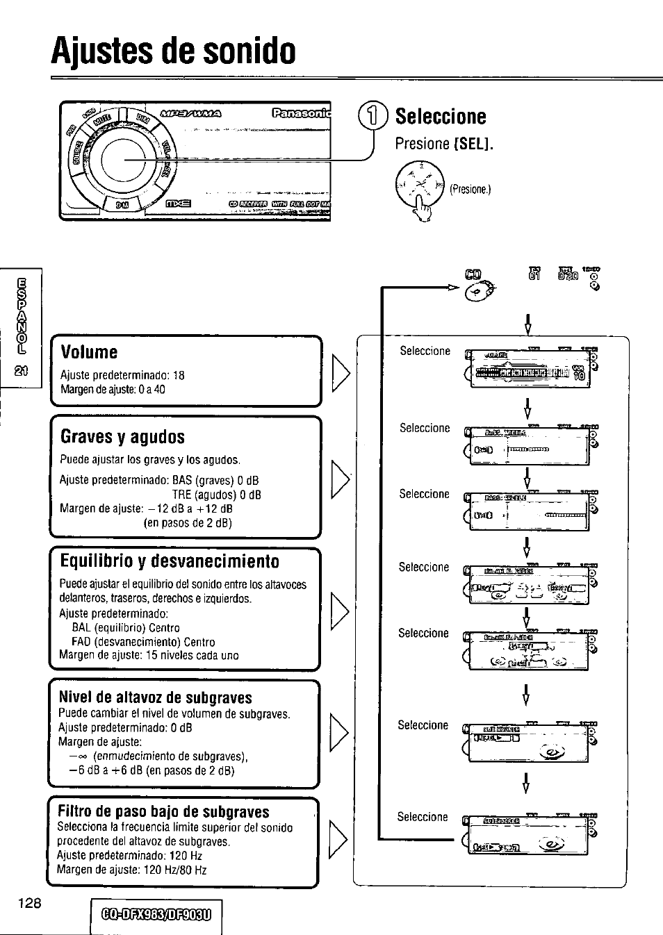 Ajustes de sonido, Volume, Graves y agudos | Equilibrio y desvanecimiento | Panasonic Removable Full Front CD Player/Receiver with Dot Matrix and CD Changer Control CQ-DFX983U User Manual | Page 128 / 156