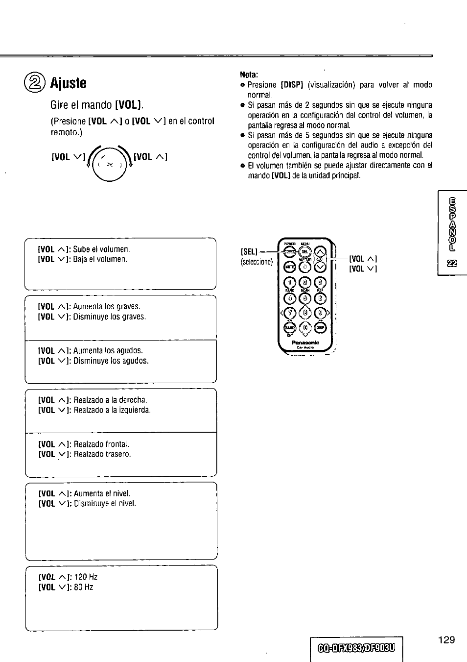 Ajuste | Panasonic Removable Full Front CD Player/Receiver with Dot Matrix and CD Changer Control CQ-DFX983U User Manual | Page 129 / 156