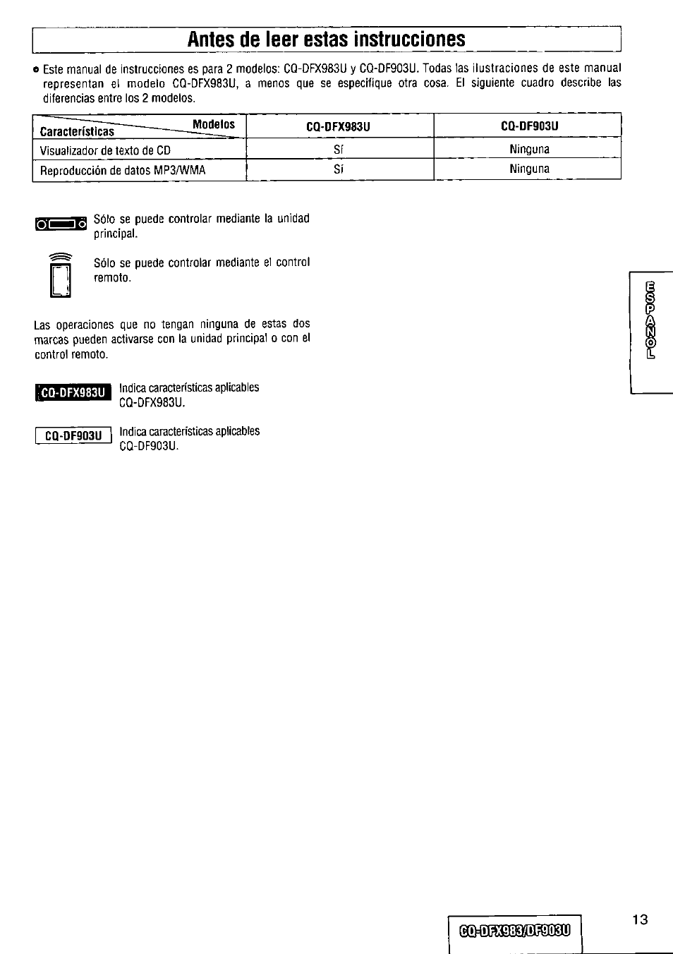 Antes de leer estas instrucciones | Panasonic Removable Full Front CD Player/Receiver with Dot Matrix and CD Changer Control CQ-DFX983U User Manual | Page 13 / 156