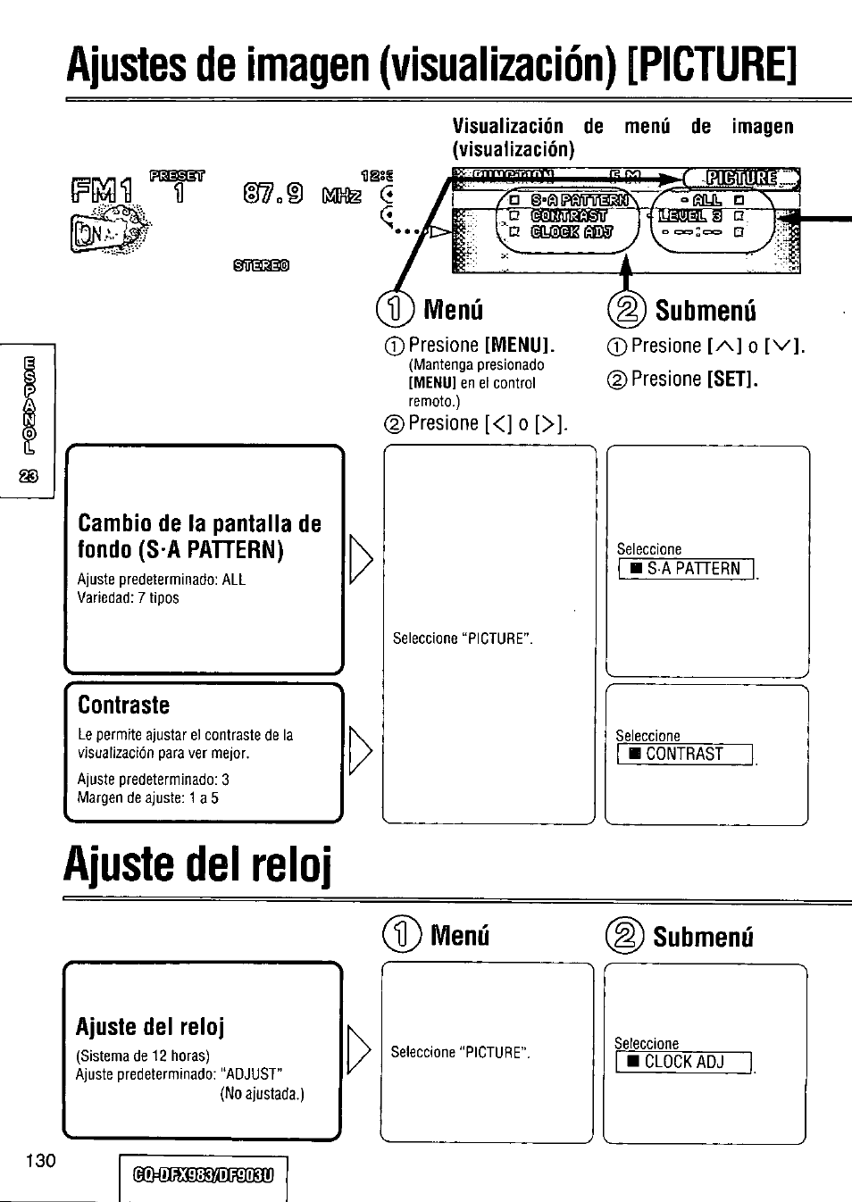 Submenu, Contraste, Ajuste del reloj | Menú, Ajustes de imagen (visualización) [picture, Cambio de la pantalla de fondo (s-a pahern), U) menú | Panasonic Removable Full Front CD Player/Receiver with Dot Matrix and CD Changer Control CQ-DFX983U User Manual | Page 130 / 156