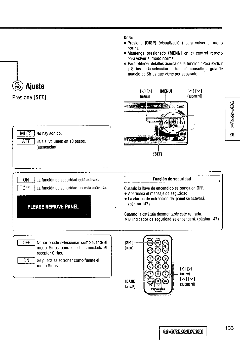 Ajuste, Dbx983/df,903u, Al[v | Panasonic Removable Full Front CD Player/Receiver with Dot Matrix and CD Changer Control CQ-DFX983U User Manual | Page 133 / 156