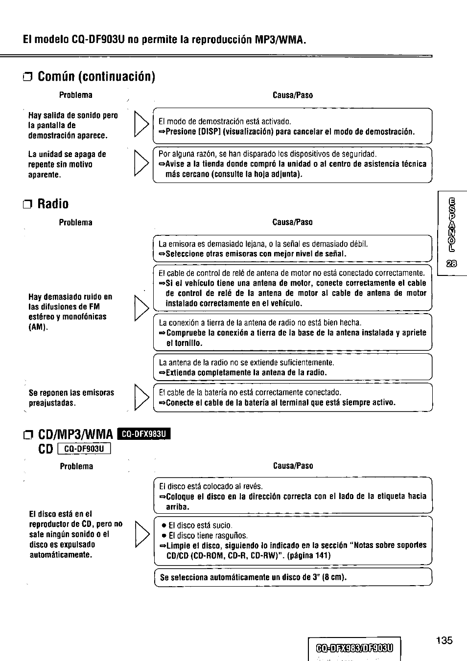 Común (continuación), Radio, Cd/wip3/wivia | Panasonic Removable Full Front CD Player/Receiver with Dot Matrix and CD Changer Control CQ-DFX983U User Manual | Page 135 / 156