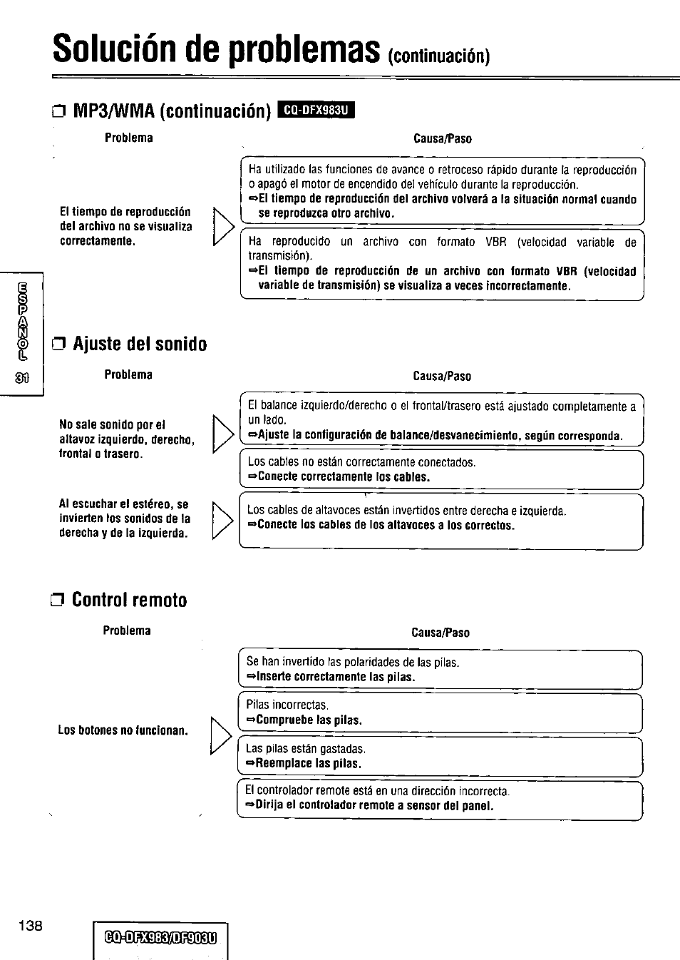 Mp3/wma (continuación), Ajuste del sonido, Control remoto | Solución de problemas (continuación) | Panasonic Removable Full Front CD Player/Receiver with Dot Matrix and CD Changer Control CQ-DFX983U User Manual | Page 138 / 156